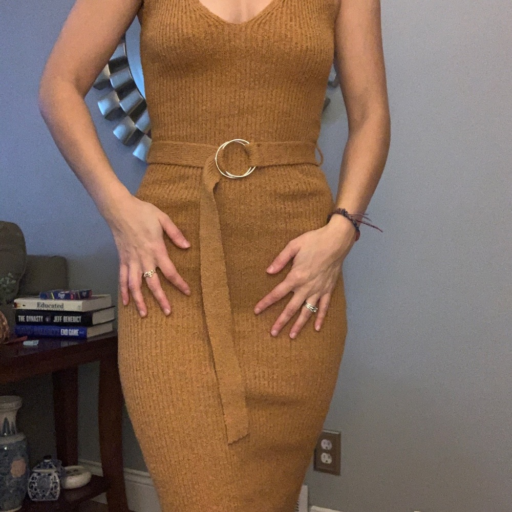 Capsule Tan Knit Body Hugging Tank Midi Dress with Belt